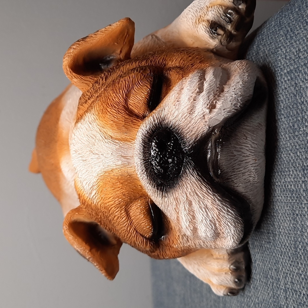 Sleeping Bulldog Puppy Statue Shelf Sitter Painted Resin Silly Dog Fun Bookcase